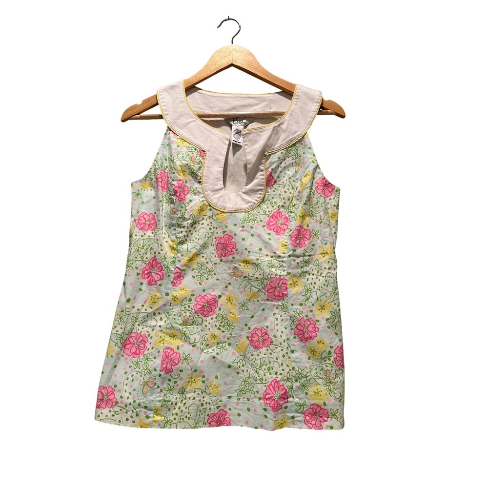 Lilly Pulitzer Floral Sleeveless Top Pink Green Blue Size 6 Cotton Preppy Summer